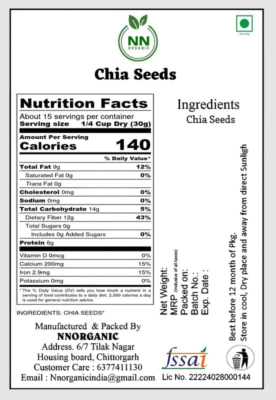 Image of Chia Seeds - Seeds for Weight Management | Rich in Calcium, Protein & Fibre | Beat the Heat | 100% Clean ChiaSeeds for Eating | Antioxidant Rich Seed | NNorganic