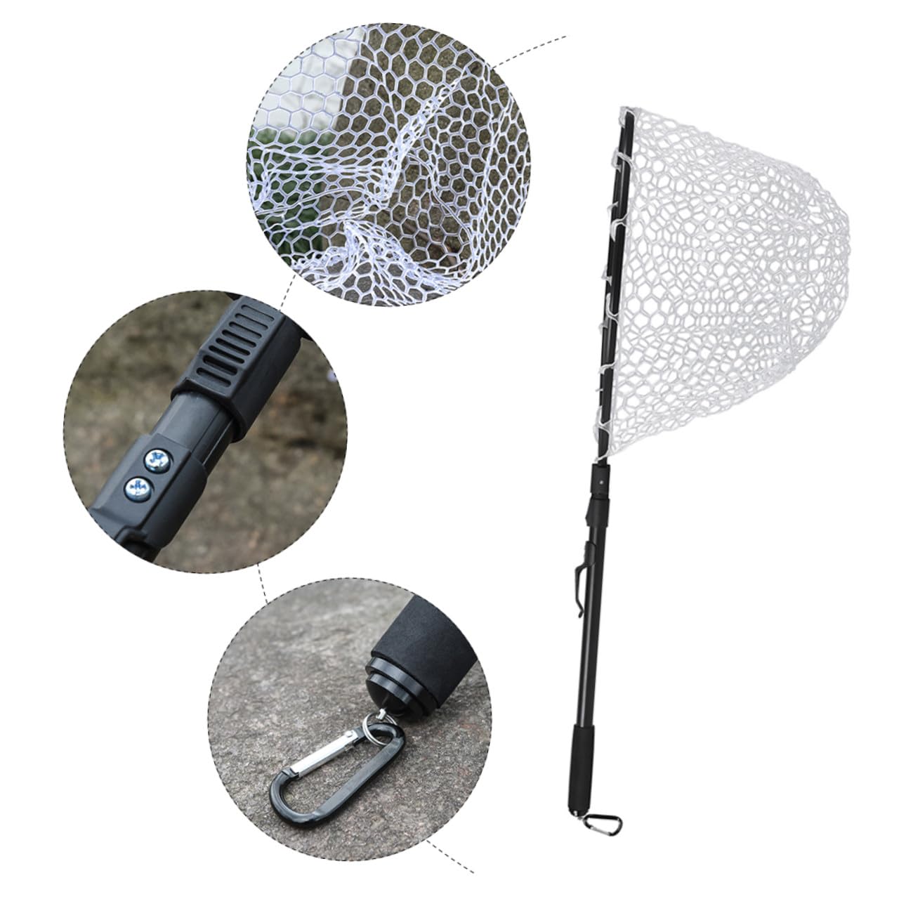 Faltbarer Kescher aus Aluminiumlegierung mit Gumminetz Schwarz | Leicht und Fischfreundlich, Klassisches Design, Geeignet für Seeangeln und Fliegenfischen Am Ufer