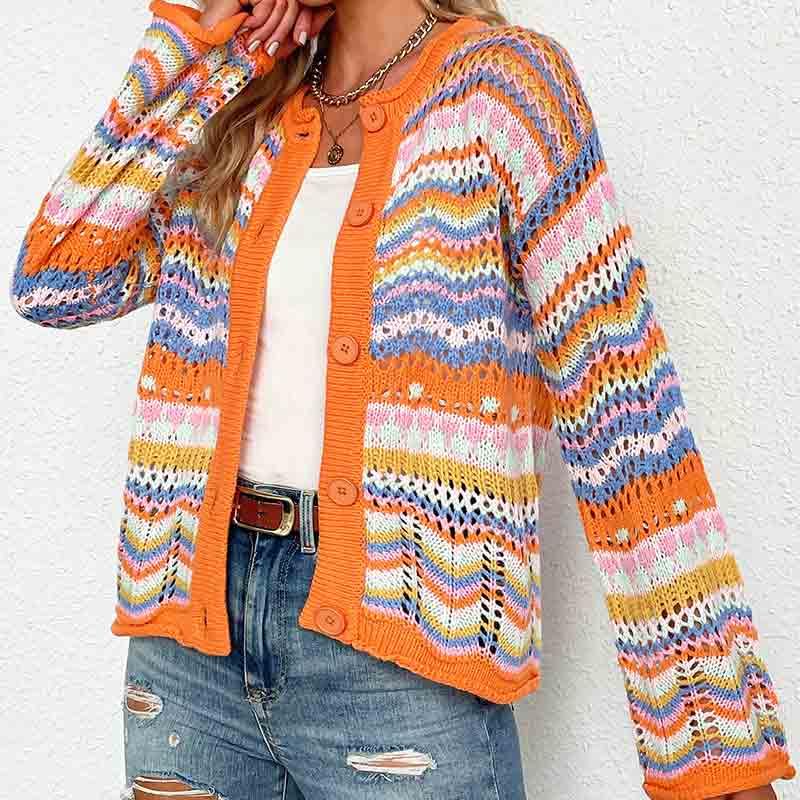 Image of Autumn and Winter Rainbow Striped Sweater Loose Knit Sweater Women's Sweater Cardigan