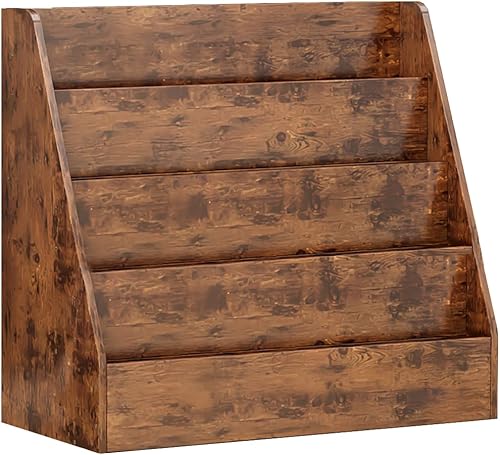 Miniatura 6 de Estantería de 4 eslingas, estantería de madera con cubo, organizador de revistas para dormitorio, biblioteca, sala de estar, aula, pasillo, marrón