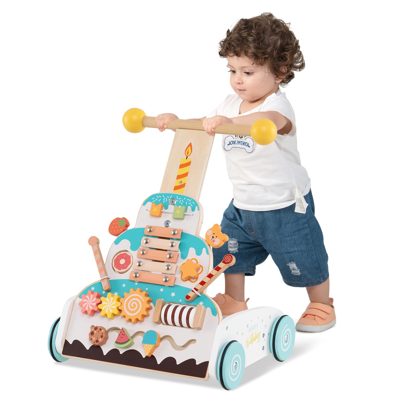 COSTWAY Carrello Primi Passi Spingitore Evolutivo Regolabile in Altezza | Girello in Legno con Xilofono, Blocchi Scorrevoli e Perline Mobili, Centro Attività per Bambini 1+ Anni