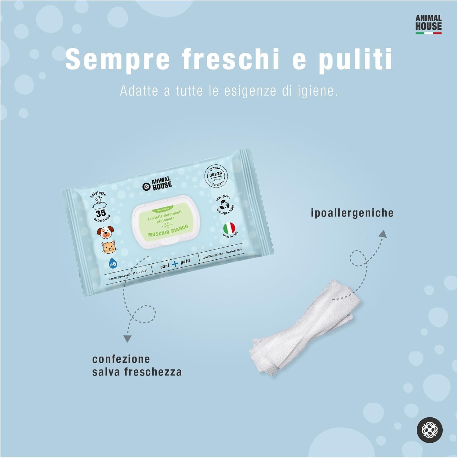 Animal House Salviette Profumate 350 PZ: Salviette Umidificate Ipoallergeniche e Biodegradabili per la Pulizia Quotidiana di Cani e Gatti (350, Muschio Bianco)