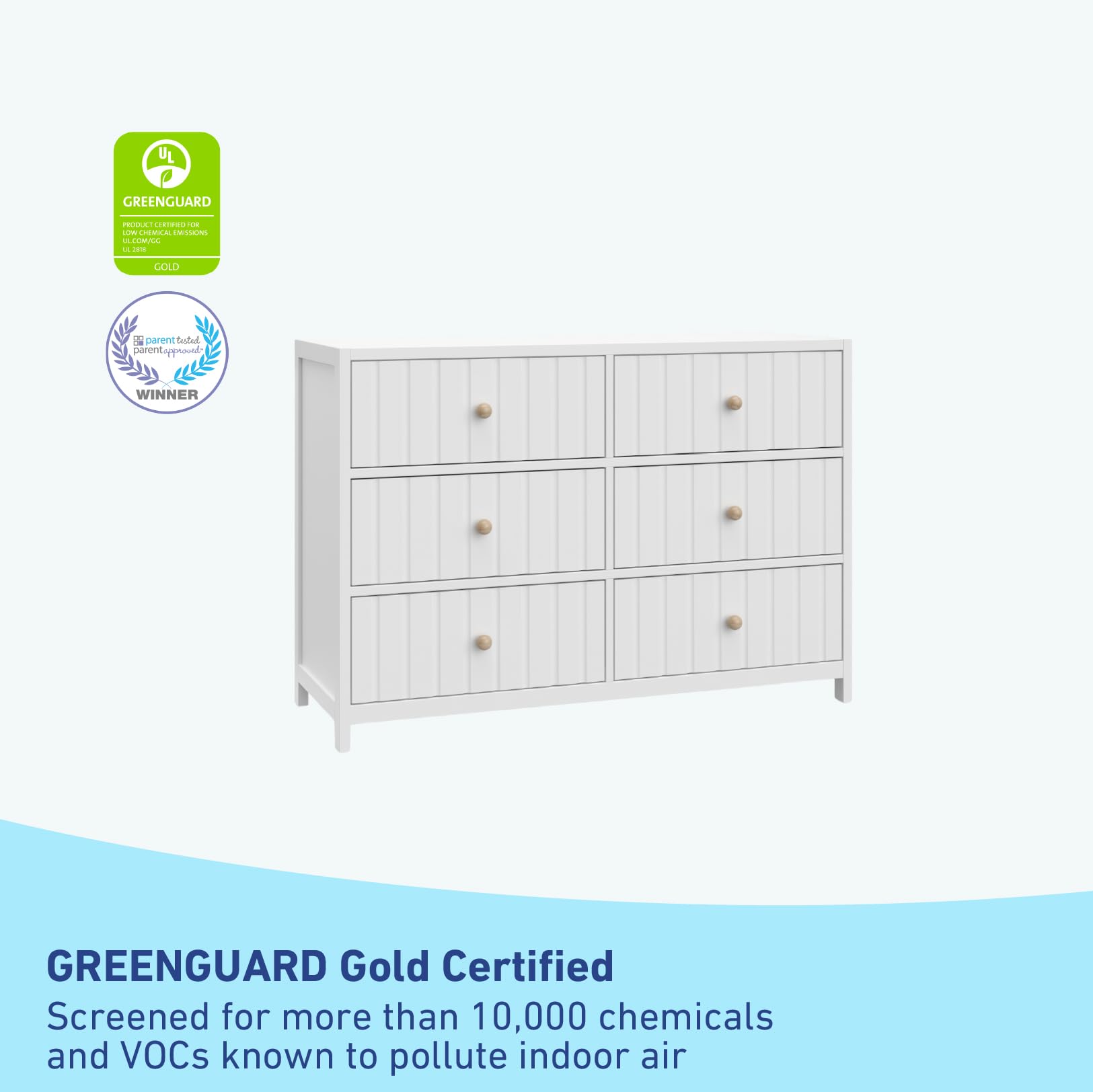 Graco Teddi 6 Drawer Double Dresser (White) – GREENGUARD Gold Certified, Interlocking Drawer System, Pre-Installed Drawer Tracks, Includes Two Sets of Knobs for Personalization