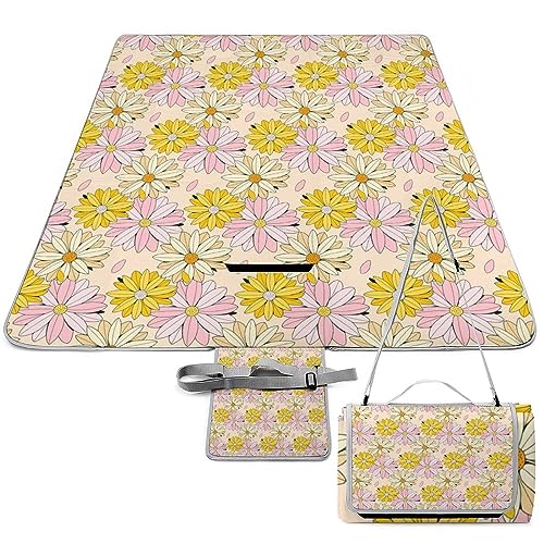 Floral-Spring-Pattern Picnic Blanket Waterproof Foldable, Large Outdoor Picnic Blanket Beach Blankets Camping Blanket Travel Mat, Shoulder Strap Tote, Rectangle 58x58in