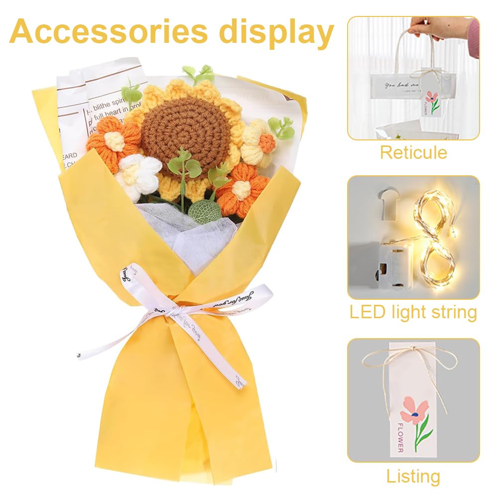 Bouquet de fleurs au crochet, tournesol au crochet, fleurs tricotées avec lumière LED, bouquet de fleurs au crochet pour la fête des mères, la Saint-Valentin, un anniversaire, une remise de