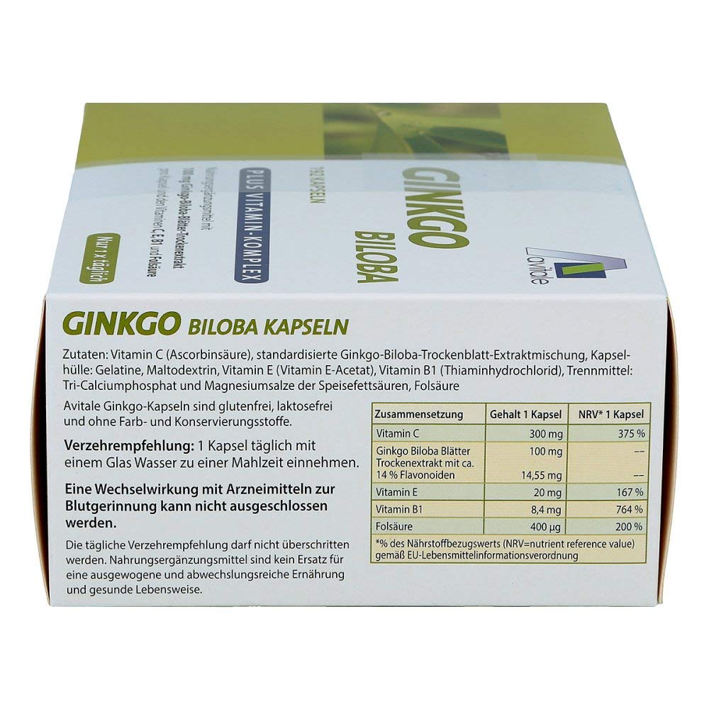 Ginkgo 100 mg + Vitamine C, E, B1 und Folsäure Kapseln 192 stk