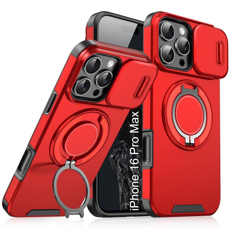 Image of LuxuryKase Shockproof Rugged Case for iPhone 16 Pro Max | Slide Camera Cover | 360 Rotating Ring Kickstand | Military-Grade Protection - Cherry Red