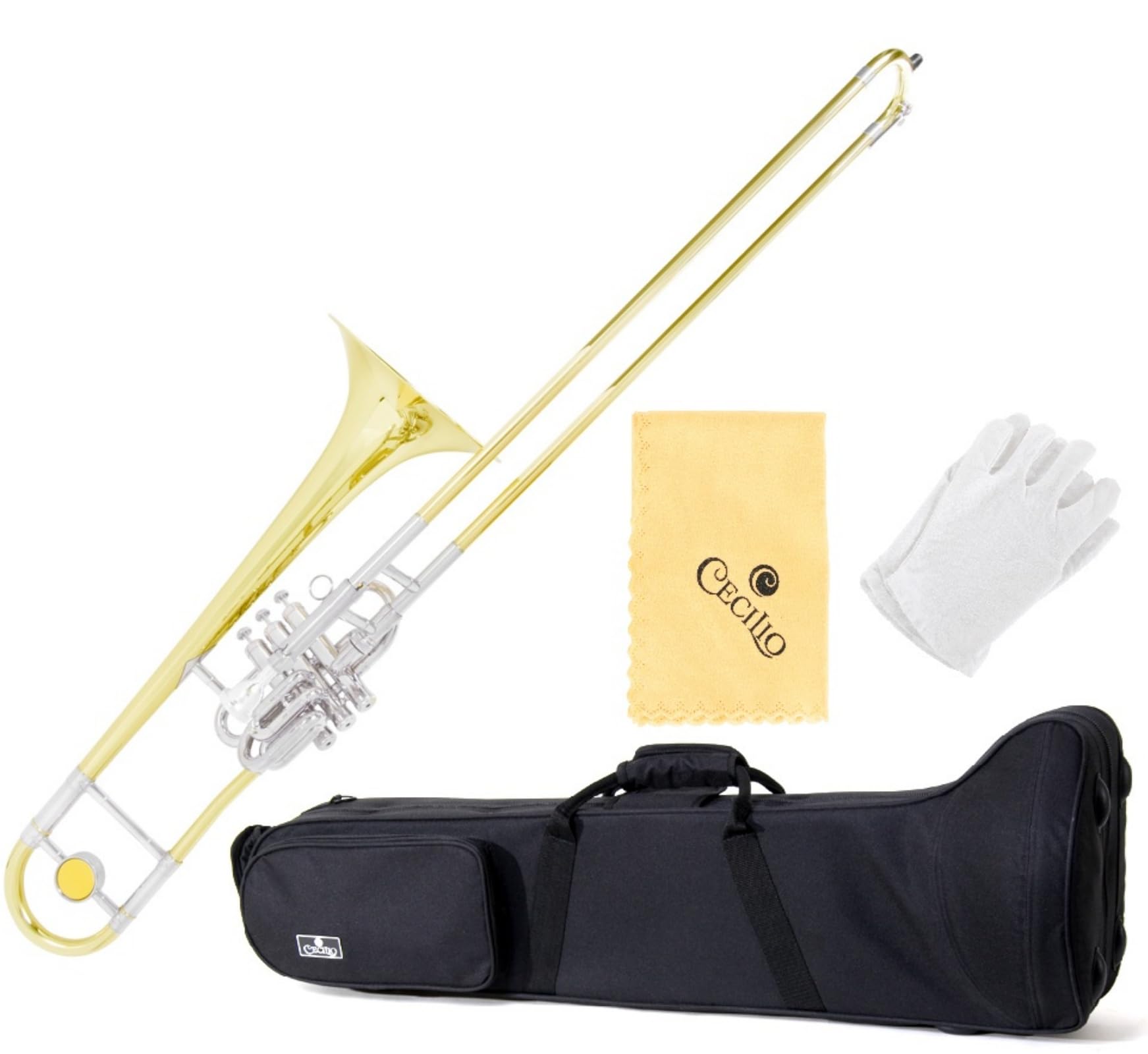 Cecilio Intermediate Bb Valve/Slide Trombone, Brass Trombone Instrument with Mouthpiece, White Gloves, Cleaning Kit, Golden