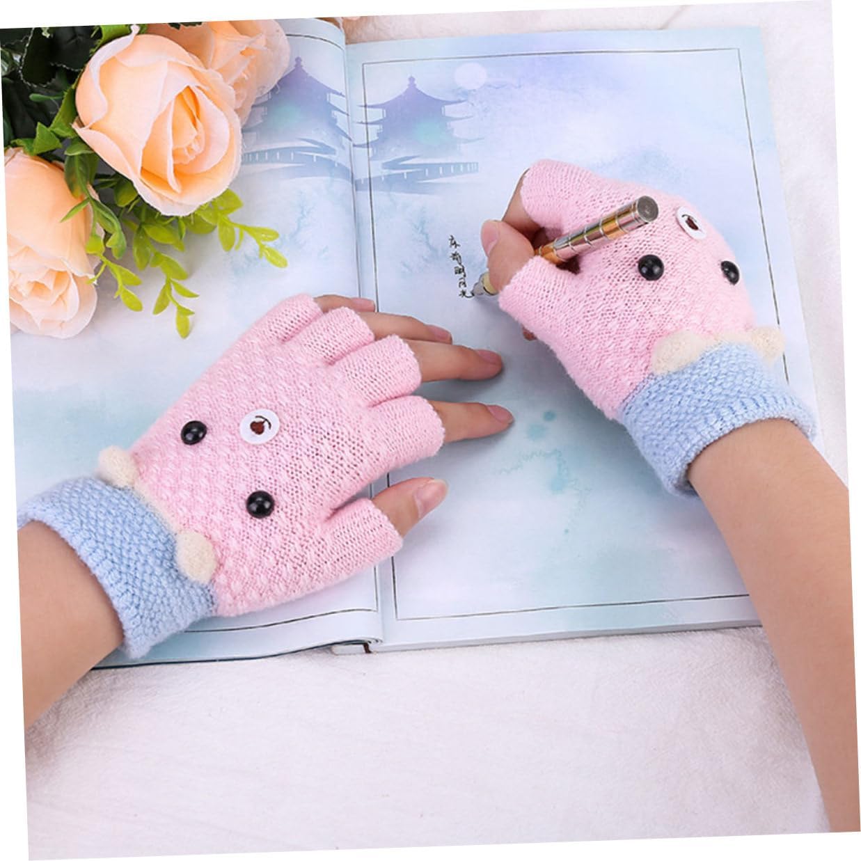 Uonlytech 4 Pairs Half Finger Knitted Gloves Warm Embroidered Knitting Gloves for Winter Cold Weather Random Color