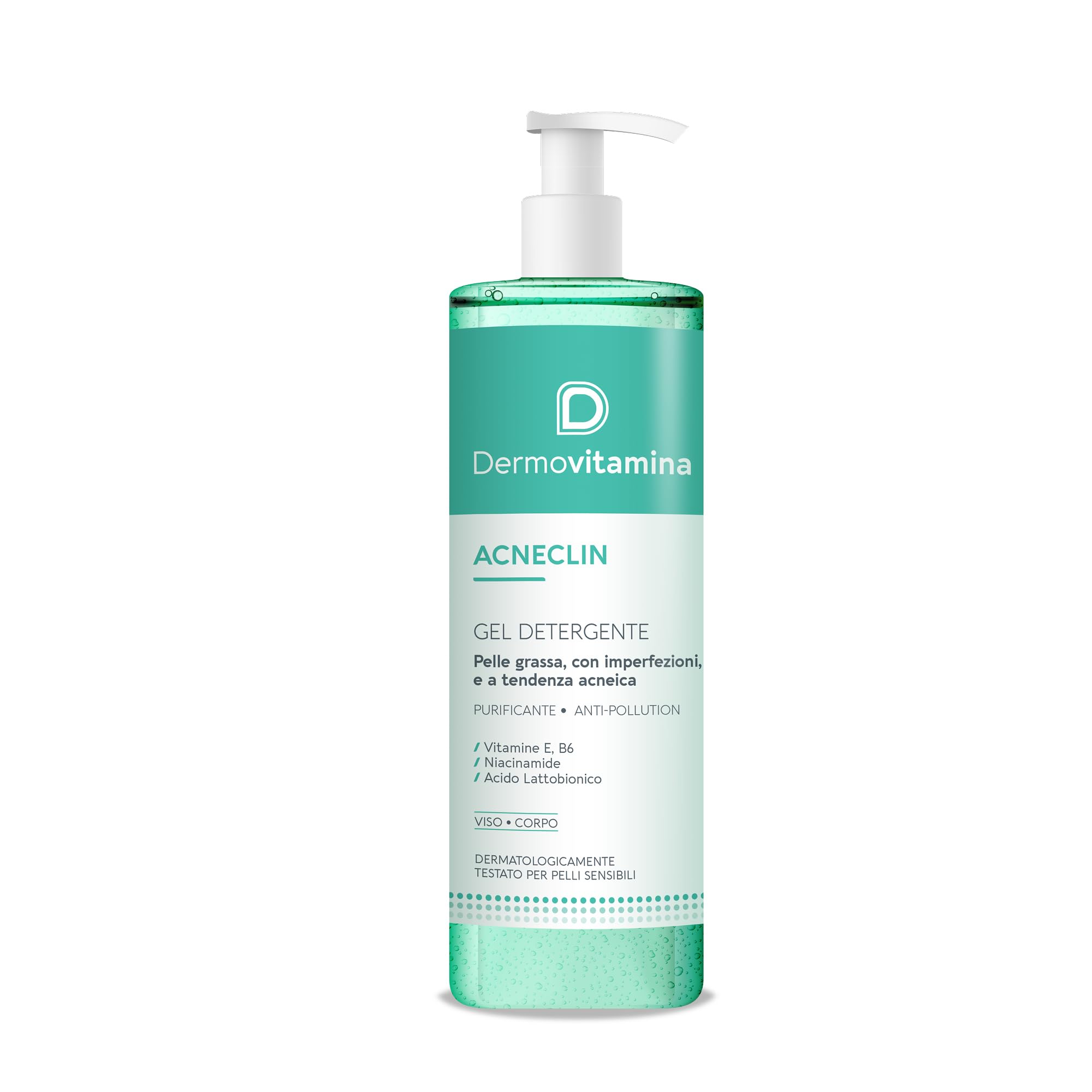 Dermovitamina Acneclin Gel Detergente Viso e Corpo - Detergente Viso Pelle Grassa, con Imperfezioni e a Tendenza Acneica - Purificante e Anti-​Pollution - Con Vitamine E, B6, Niacinamide - 400ml