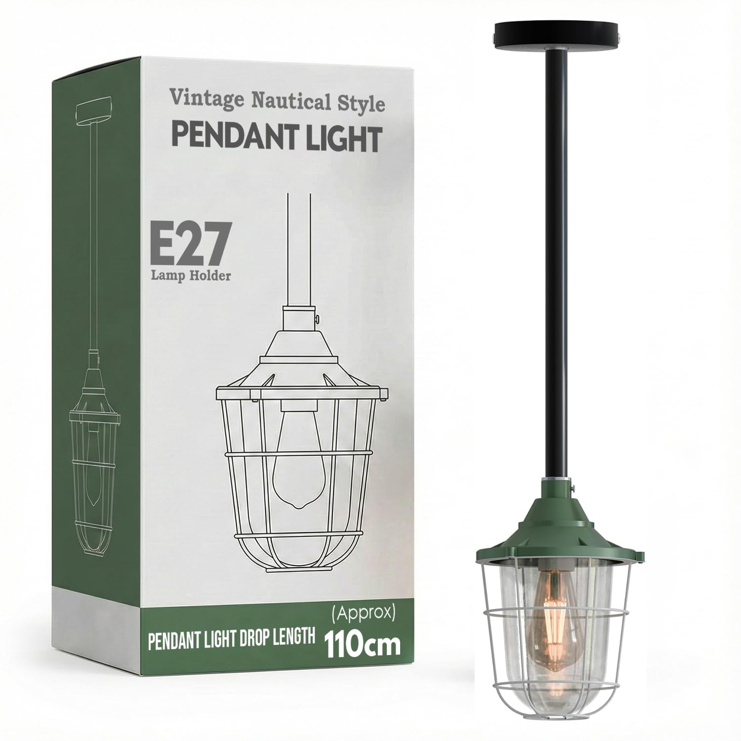 Ledsone Green - 80Cm - Without Bulb 20Mm Conduit Pipe Pendant Light E27 Industrial Green Metal Cage Ceiling Hanging Lamp 80Cm Drop Steampunk Pipe Lighting Set For Kitchen Island Workshop Factory Lighting Energy Efficient A+