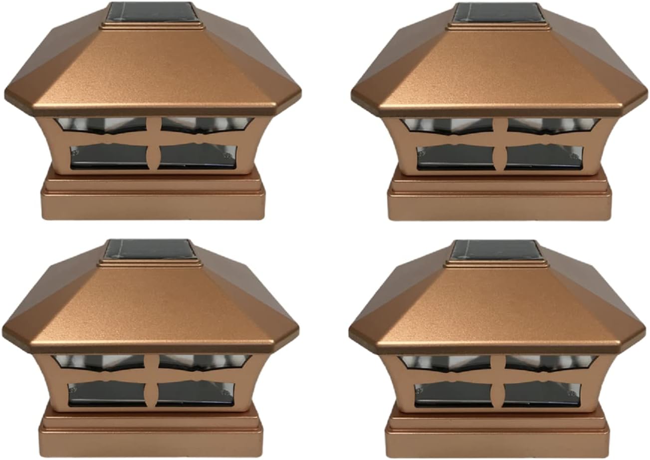 4-Pack Solar Unique Charm Outdoor Post Cap LED Lights for 5x5 PVC, Vinyl, or Plastic Post (Copper Finish Color)