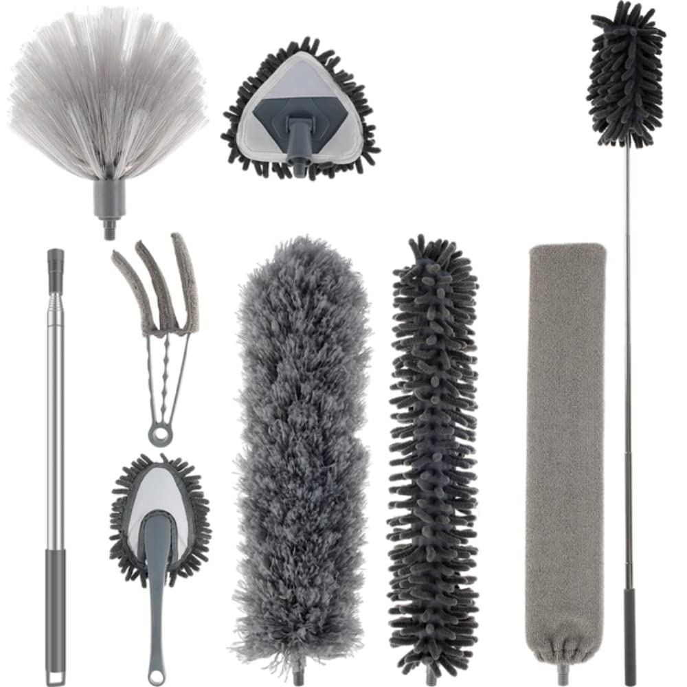 Microfiber Feather Duster Brush Set Extendable Telescoping Pole Bendable Chenille Dusters Washable Household Cleaning Tools
