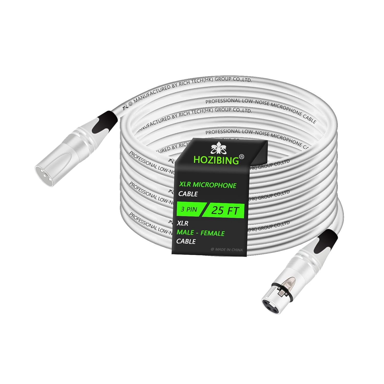 XLR to XLR Microphone Cable XLR Male to Female Mic Cable 3-Pin Balanced Shielded 27AWG OFC XLR Cable for Mic Mixer, Recording Studio, Podcast-Multi Colored, Zinc Alloy Connectors 1 Pack (White, 25FT)