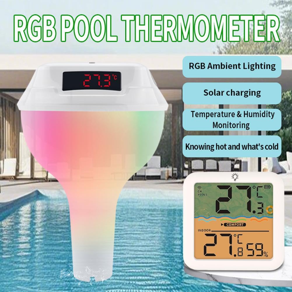 Termómetro Digital Flotante para Piscina, Fácil de Leer, con Panel Solar y Pantalla LED, Resistente Al Agua IP68 y Luz RGB, para Piscina.