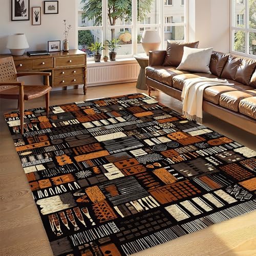 African Style Brown Orange Area Rug for Living Room, Non-Slip Bac...