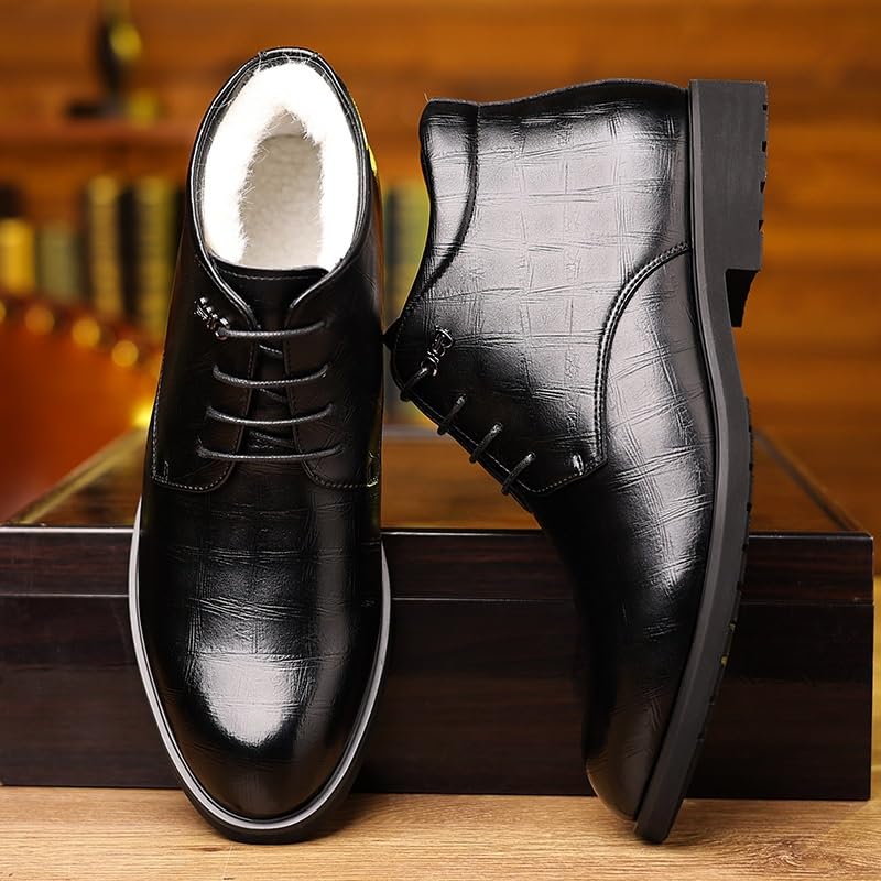 Men's Cotton Shoes Winter Business Formal Snow Boots Casual Thick Warm High Top Lace-up Cotton Leather Shoes Men Pointed Toe Lightweight Non-Slip Shoes4