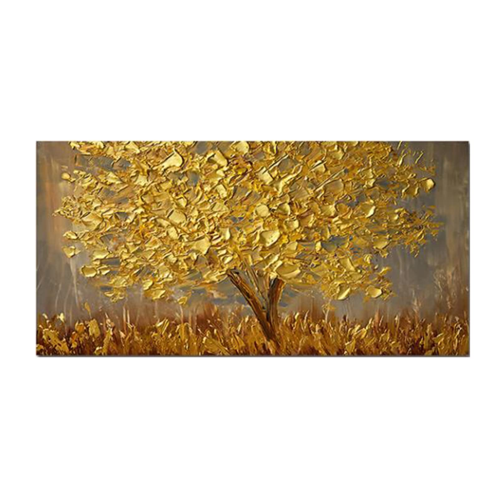 Kunstdruck Auf Leinwand – Abstrakter Blütenbaum Mit Goldenen Blättern | 91,4x61 Cm, Handbemalte Struktur