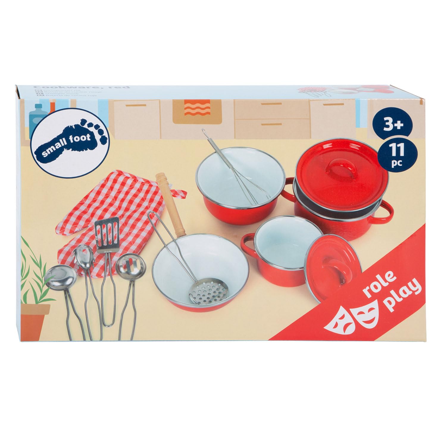 small foot Kochgeschirr für Kinder, Zubehör für Spielküche, 13-tlg. Set mit Topfhandschuh und Küchenhelfern, 8964, Metall