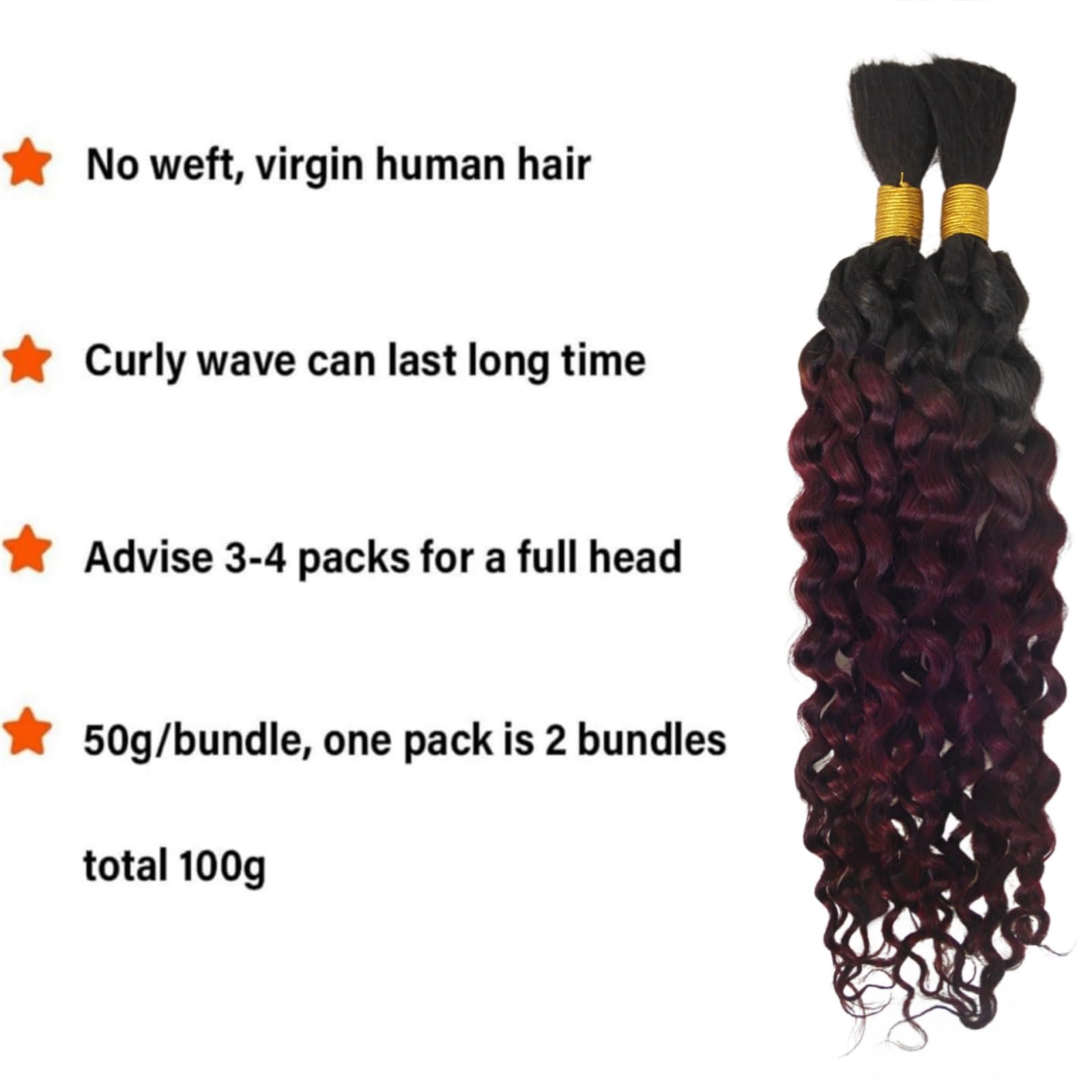 20 Inch Ombre 1b99j Burgundy Water Wave Human Braiding Hair Wet and Wavy for Braiding Bulk Human Hair Curly Extension 2 Pack/100g - Image 3