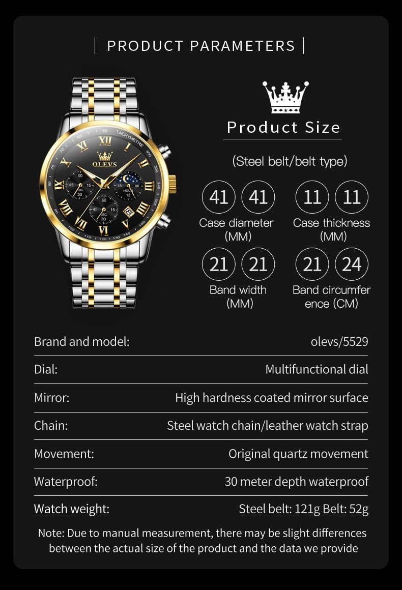 OLEVS Mens Watches Luxury Big Face Waterproof Stainless Steel Analog Quartz Multifunctional Luminous Date Two Tone Fashion Dress Wrist Watches for Man - Image 6