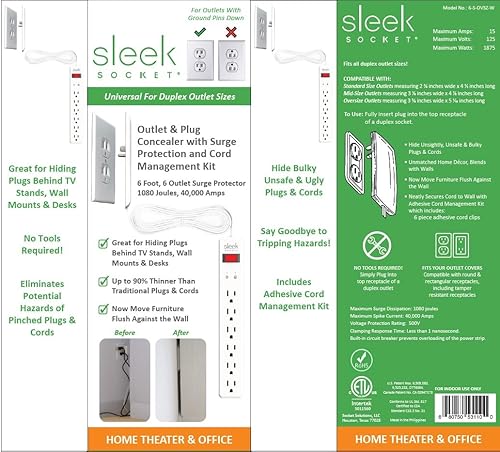 Miniatura 9 de Sleek Socket Protector de sobretensiones de 6 salidas para tomas invertidas, corrector de salida ultrafino con kit de corrector de cable, cable de 6