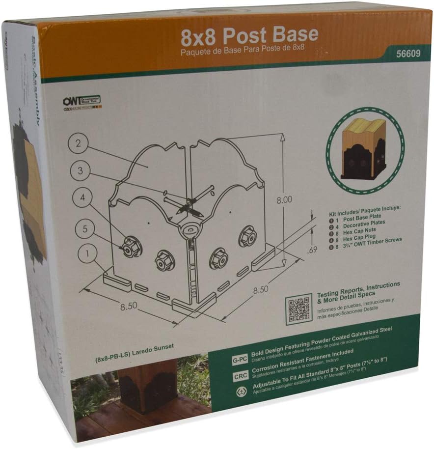 Ozco 56609 8x8 Laredo Sunset Post Base Kit, 56638 2-inch Laredo Sunset Rafter Clips (10 per Pack) Bundle