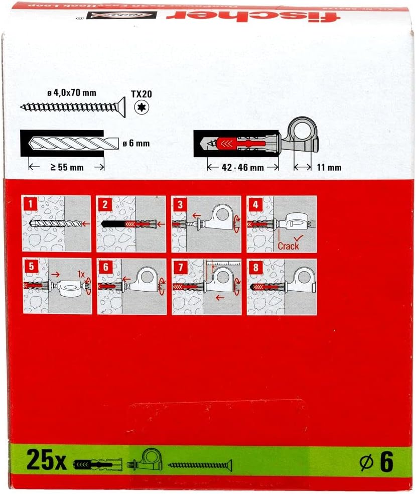 fischer Loop 564172 Set of 25 Eye Hook Screws and DuoPower, Chipboard Screws with Hooks, Flexible Screw Hooks for Mounting in Numerous Building Materials EasyHook, White, 6 x 30 Dowels
