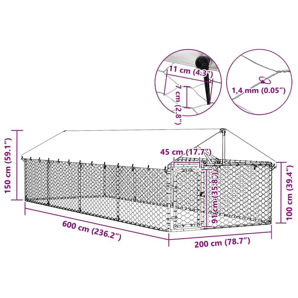 Perrera para perros al aire libre con techo 600 x 200 x 150 cm de acero galvanizado para jardín, caño para cachorros, caño para perros, cercado libre, entrenamiento, protección y seguridad en