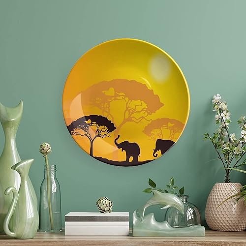 Miniatura 5 de LIGUTARS Platos de cerámica, platos de cerámica decorativos de animales, animales africanos, elefantes, vigas de sol, árboles, 6 pulgadas, para