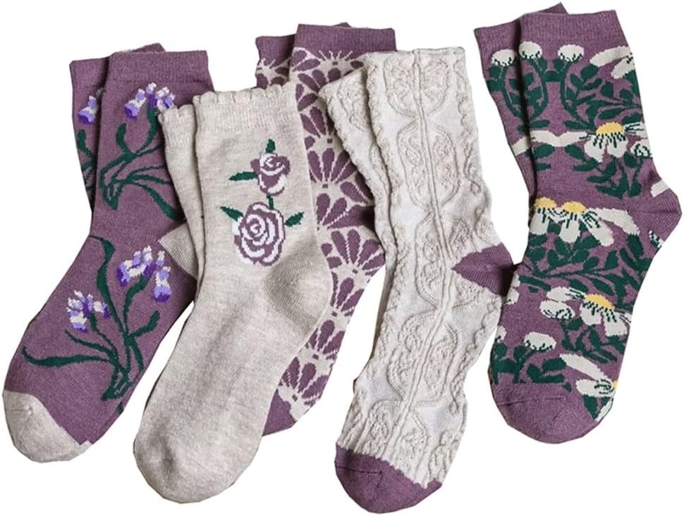 5 Pairs Flowers Print Socks Women Cute Long Winter Cashmere Comfortable Skateboard Street