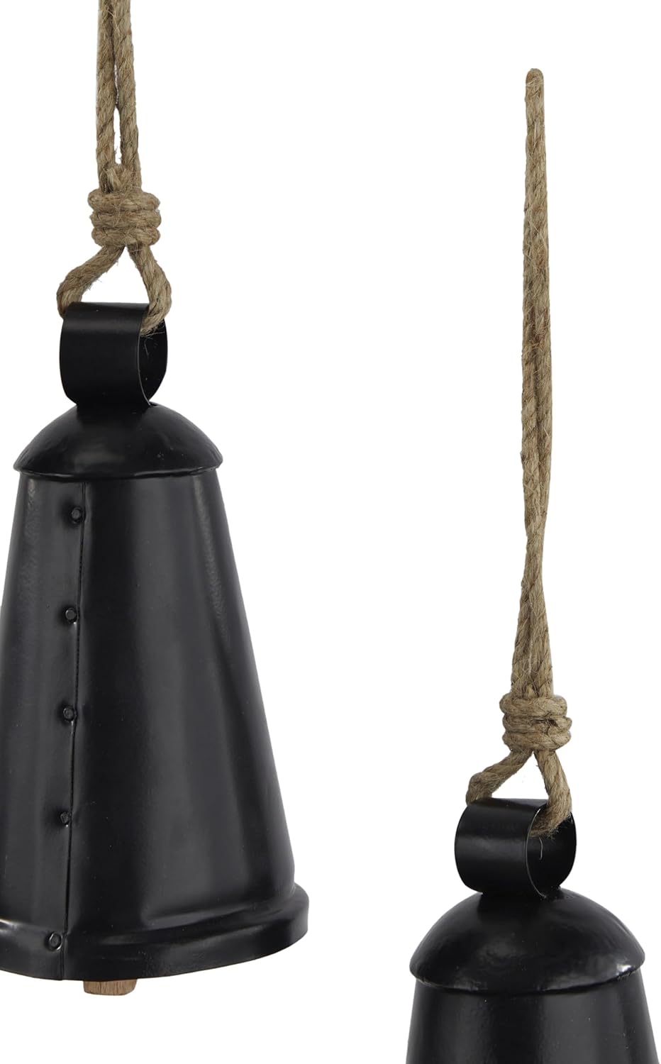 Deco 79 Black Metal Tibetan Inspired Decorative Cow Bells with Jute Hanging Rope, Set of 3 12",9", 6"H - Narrow Cone