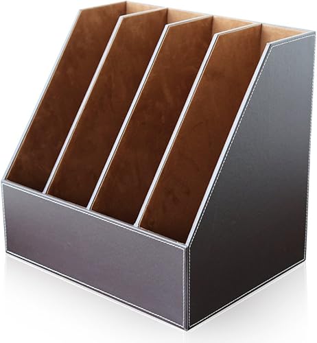 KINGFOM Soporte para archivos de documentos de cuero de madera de 4 ranuras, soporte para archivos, organizador de archivos de escritorio, gabinete