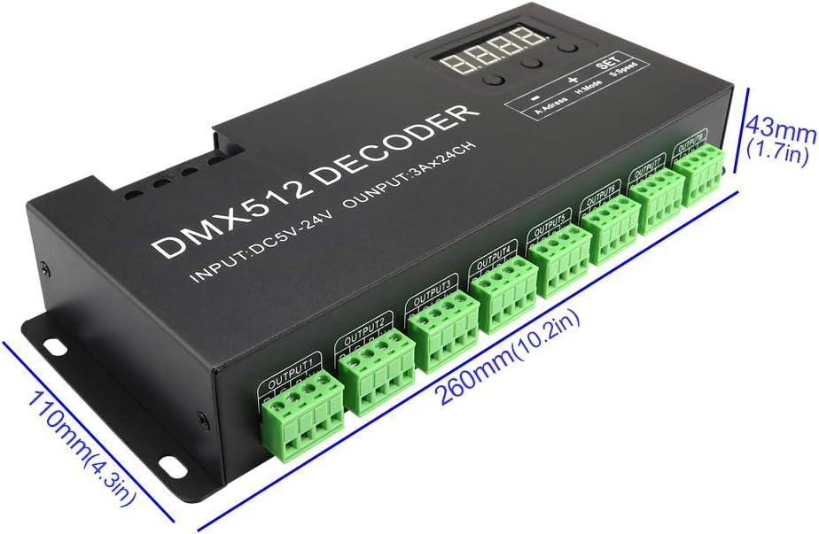 AMKI LED DMX 24CH Digital Display Decoder Dimming Driver LED DMX512 Decoder for RGB Strip Light DC5-24V 3A/CH (24 Channel with Display)