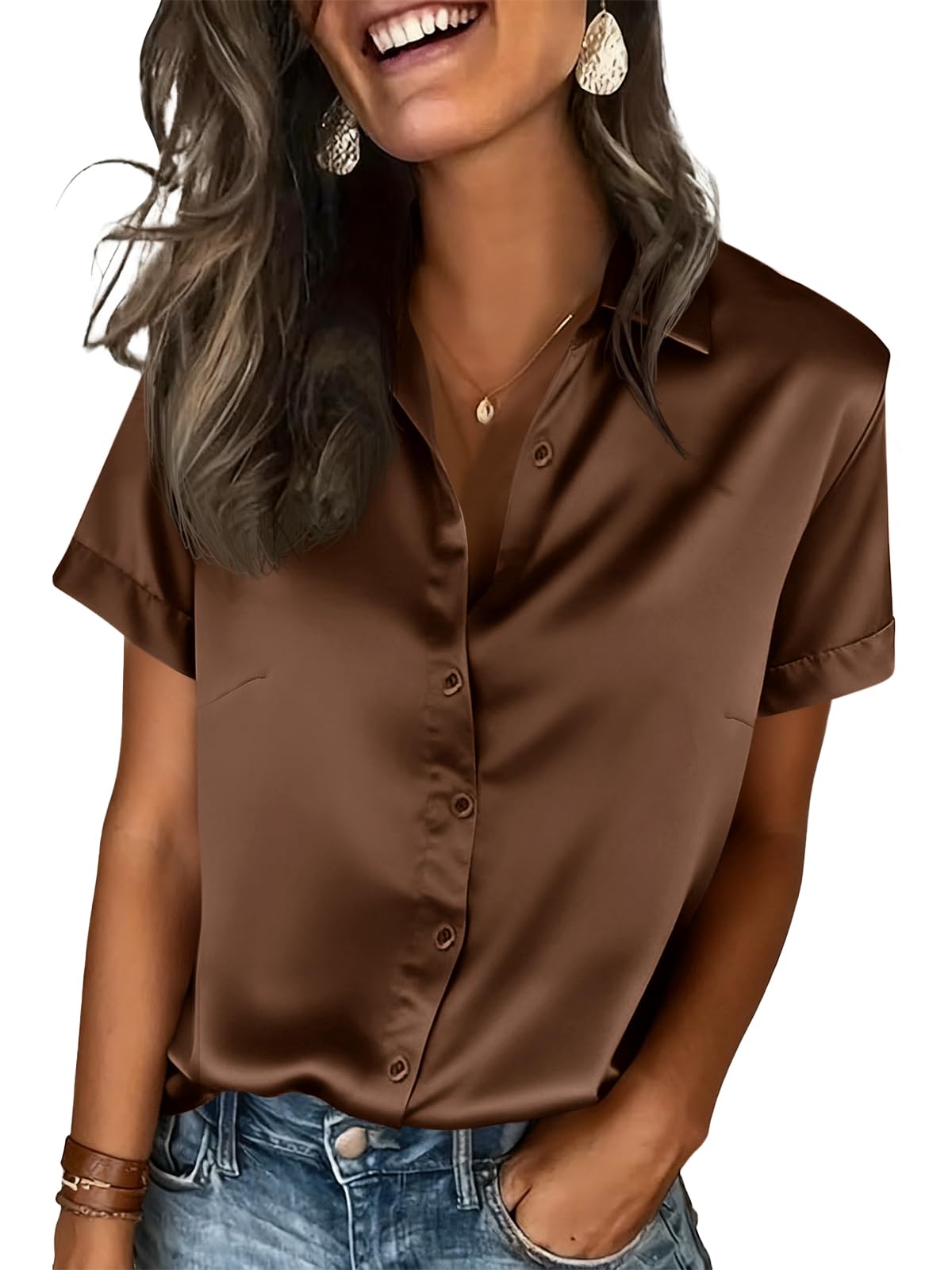 Tankaneo Damen Button Down Bluse V Ausschnitt Kurzarm Einfarbig Satin Blusen Sommer Lässige Oberteile
