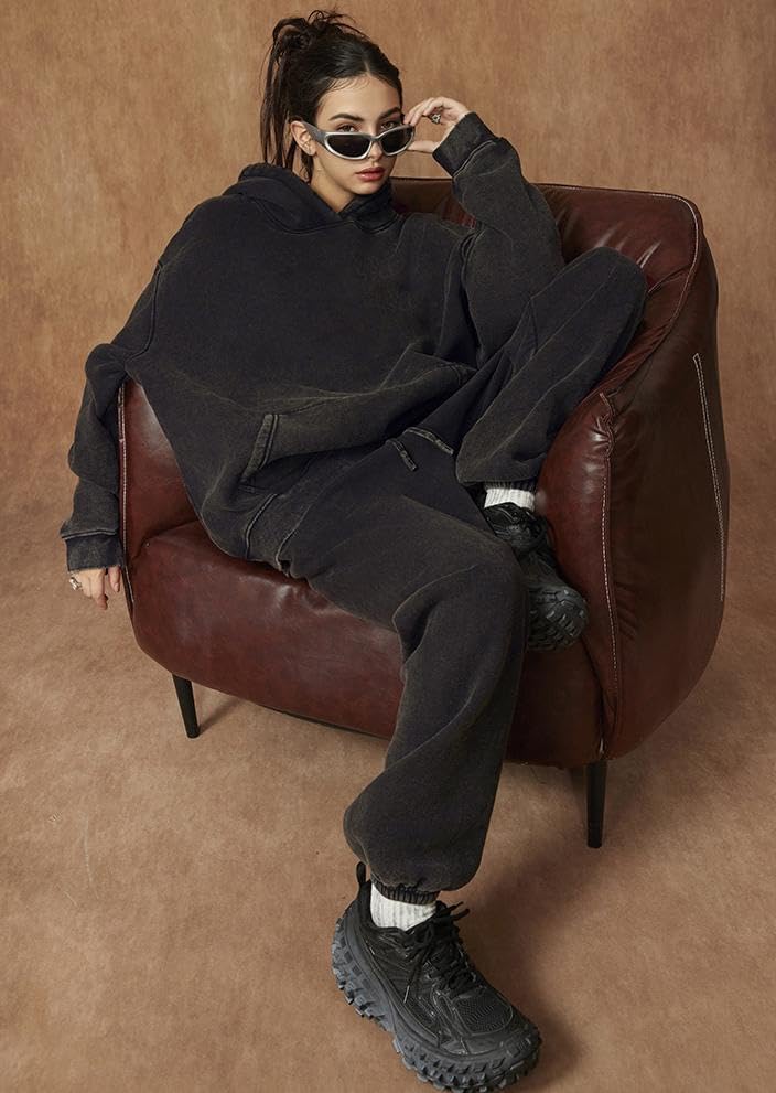 Womens Acid Wash Oversized Hoodie Unisex Couples Heavyweight Fleece Vintage Hoodies Baggy Pullover Sweatshirt - Image 8