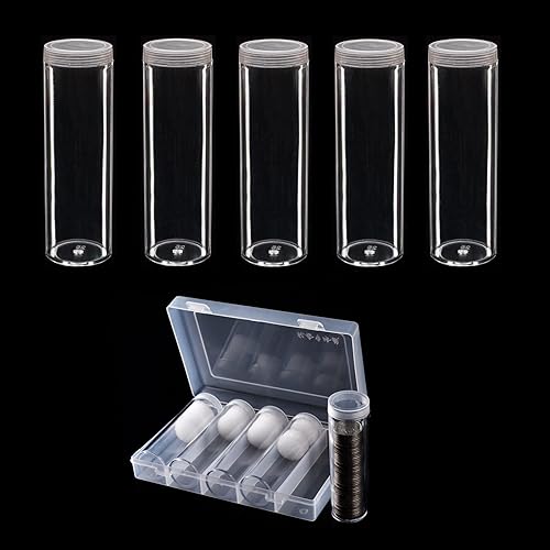 Ettonsun Paquete de 5 soportes de plástico transparente de 1.063 in para almacenamiento de monedas con tapa de rosca, cada uno con capacidad para 48