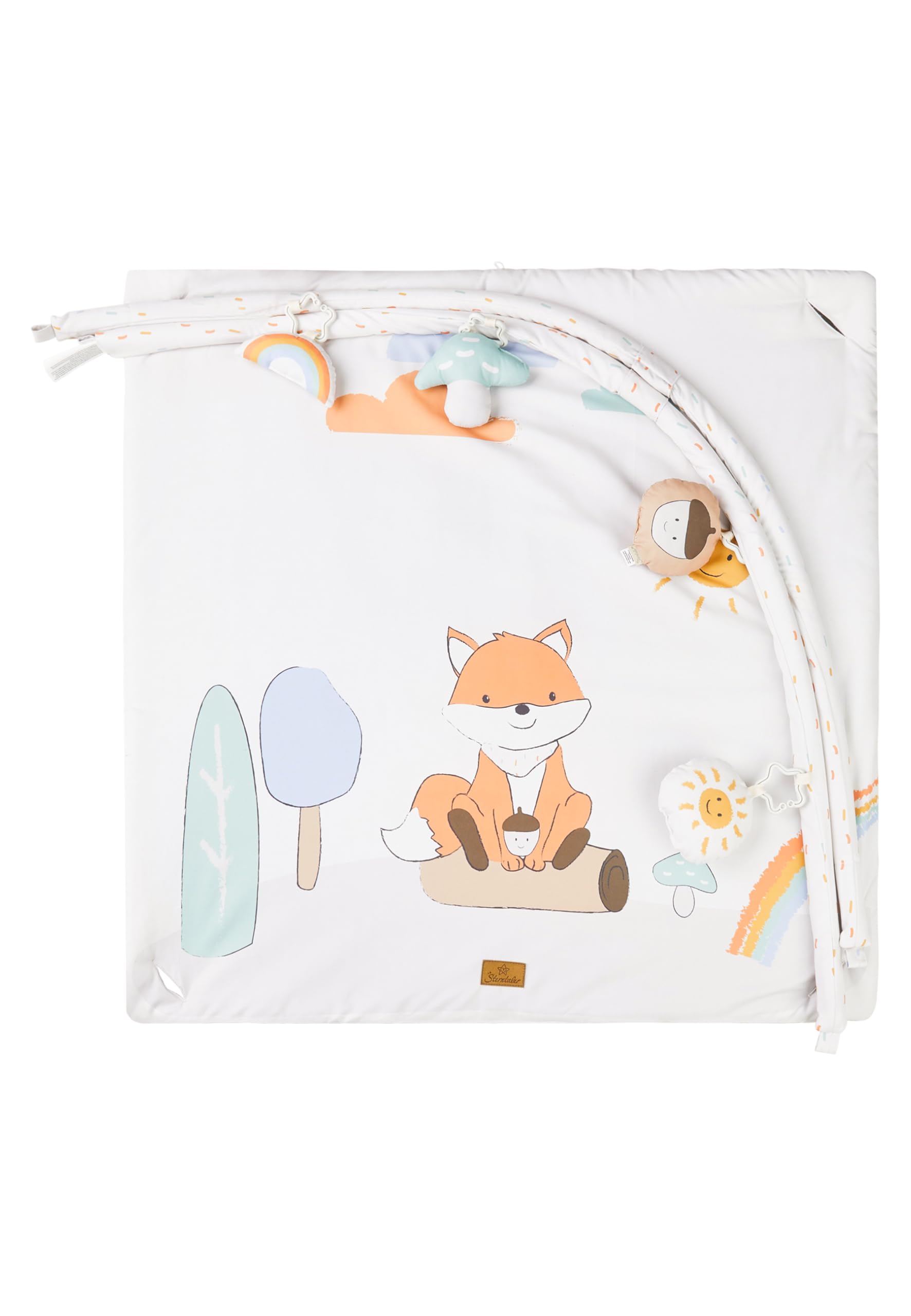 Sterntaler Spielbogen Fuchs Filou - Krabbeldecke mit Motivdruck - wattierte Spieldecke für Babys - Spielzeug abnehmbar - Knisterpapier, Rassel & Quietsche - Activity Decke 80x80cm, lichtgrau