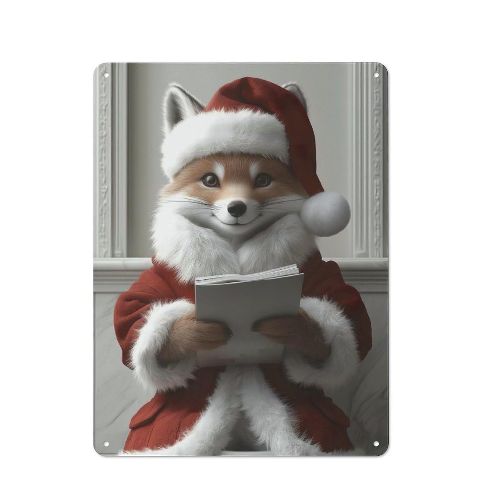 Junmoney Fox Santa Reading Printed Metal Sign 40X30cm For Café Or Restaurant, For Hospitality Interior Collectors