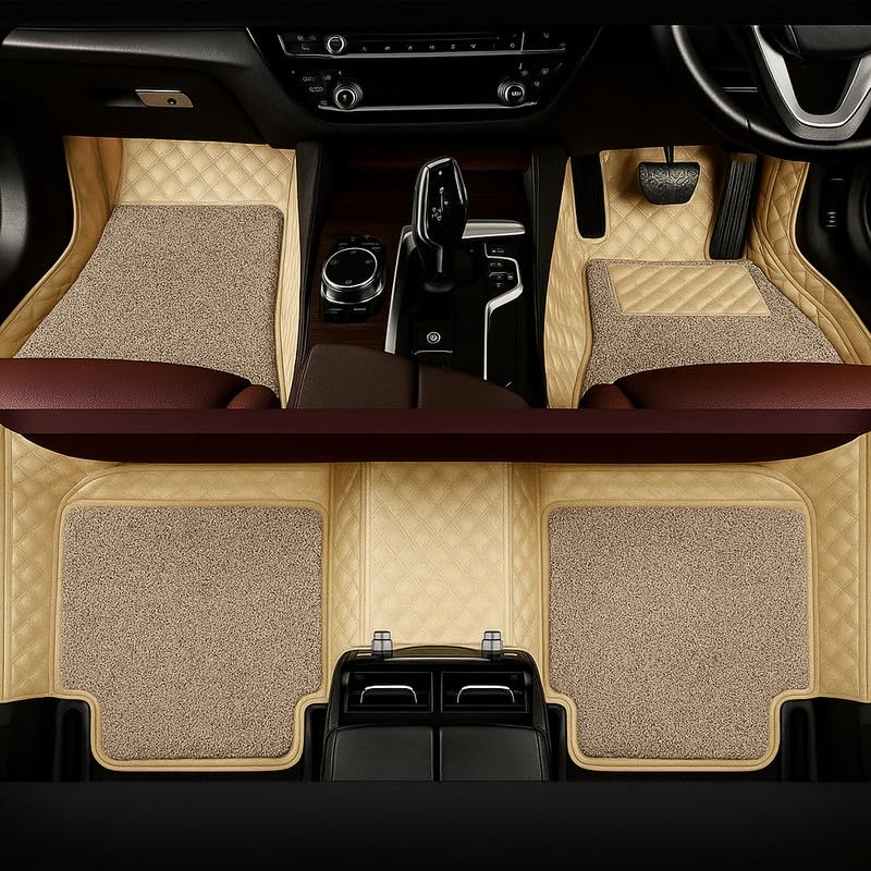 Image of Premium 7D Car Floor Mat Full Set for Skoda Octavia (2018-2022) | Luxury Leather with Detachable Curly /Grass Car Foot Mat with Heal Pad | 100% Waterproof & Anti-Skid (Beige Beige)