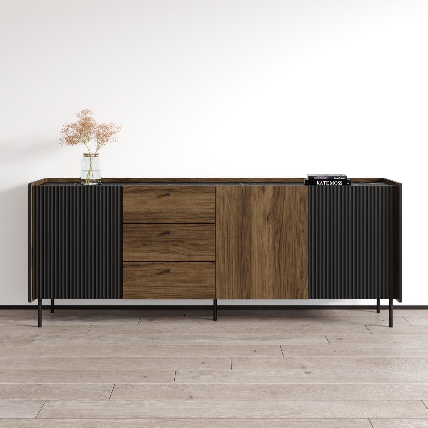 Fully assembled 3d3s Sideboard in brown finish with black accents