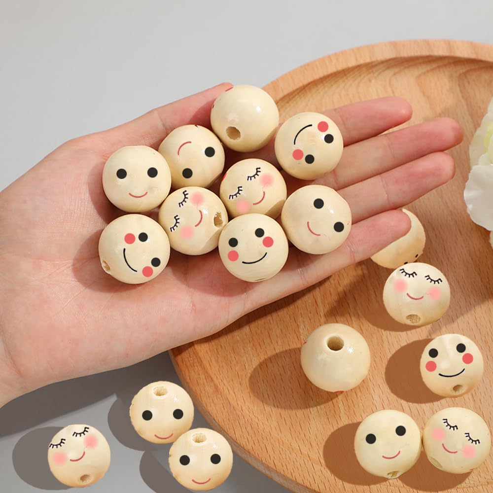 Winddle Pack of 60 Wooden Face Beads - 20 mm, 3 Styles Smile Face, Natural Wood, Round with Hole for DIY Crafts & Decorations - Image 4