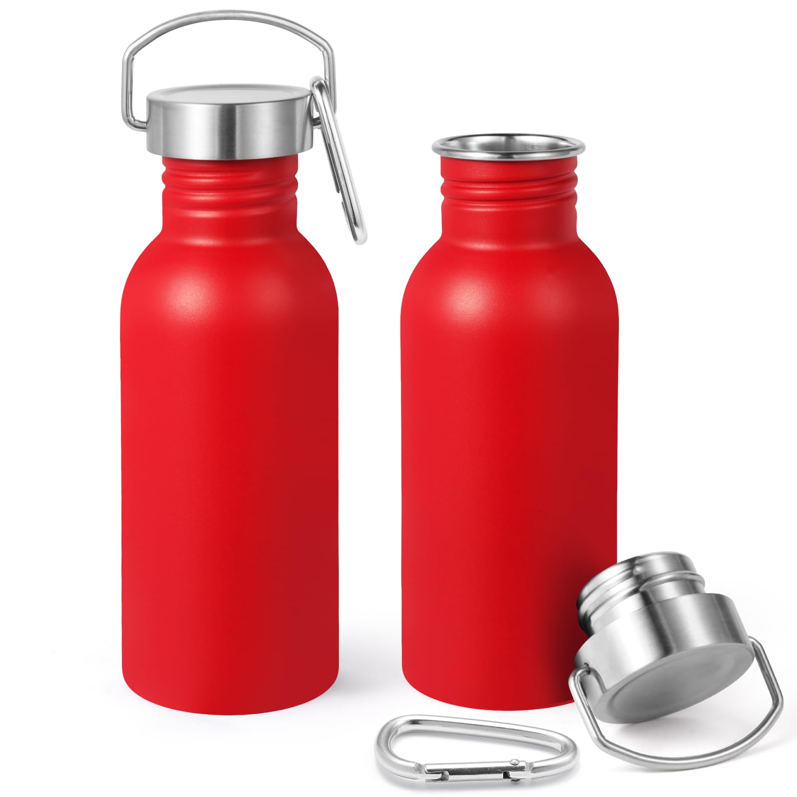 Volhoply 600ml Uninsulated Single Walled Water Bottles 2 Pack, Stainless Steel Reusable Water Bottle with Handle & Carabiner, BPA Free 18/8 304 Sports Water Bottles for Camping Hiking（Red,2）
