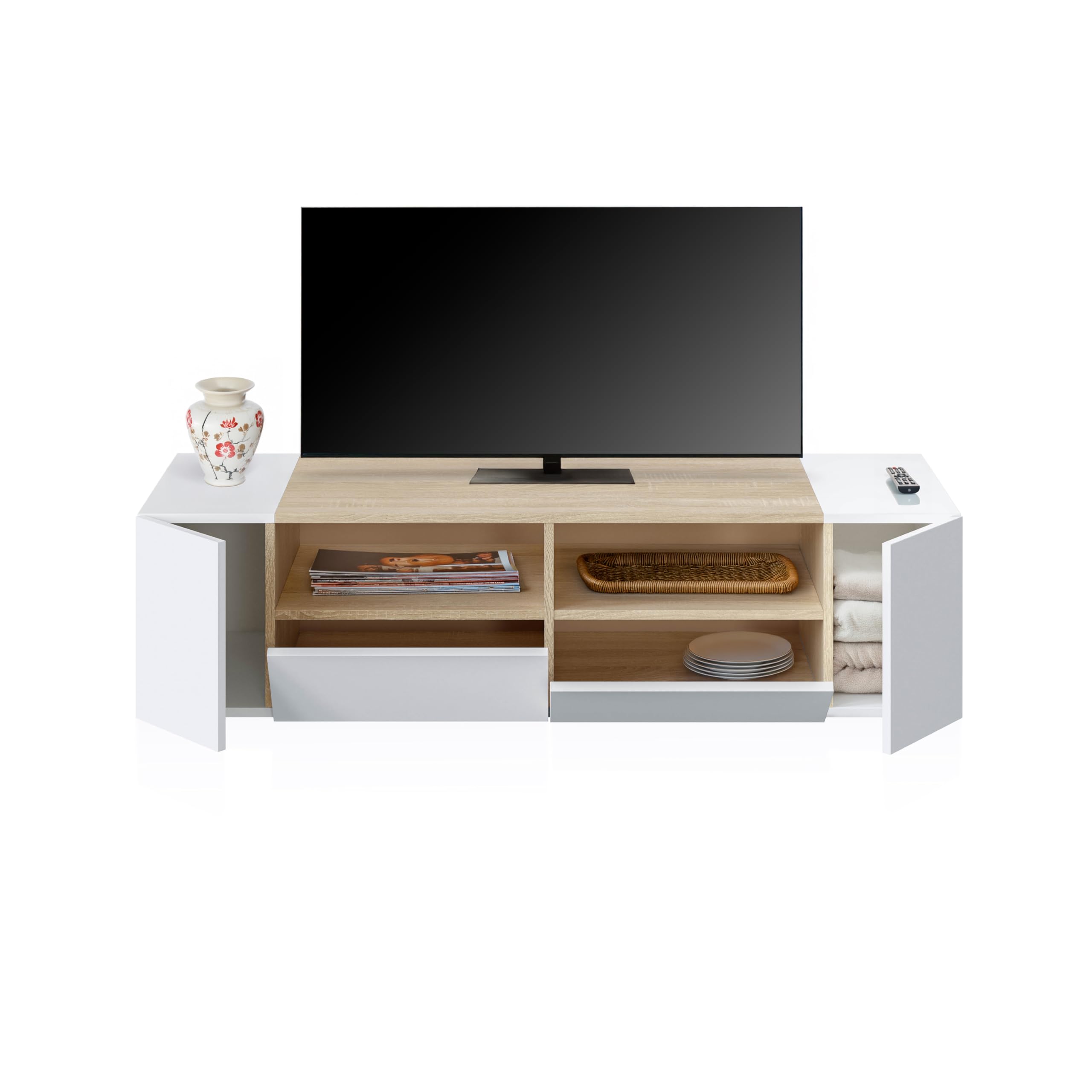 duehome | Modulo TV, Mueble de Salon, Juego de Muebles, Modelo Nima, Acabado en Blanco Artik y Roble Canadian, Medidas: 138 cm (Largo) x 42 cm (Fondo) x 36 cm (Alto)