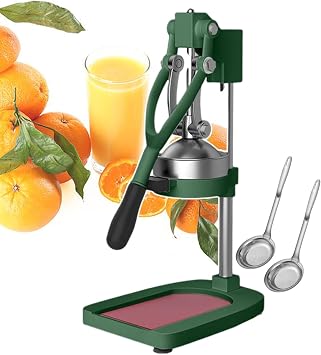 Professional Citrus Squeezer and Fruit Crusher for Commercial, Hand Press Orange Juicer Extractor, Stainless Steel Material Easy To Clean, Compact Size 7 * 9.8 * 19in w/2 Colander,green