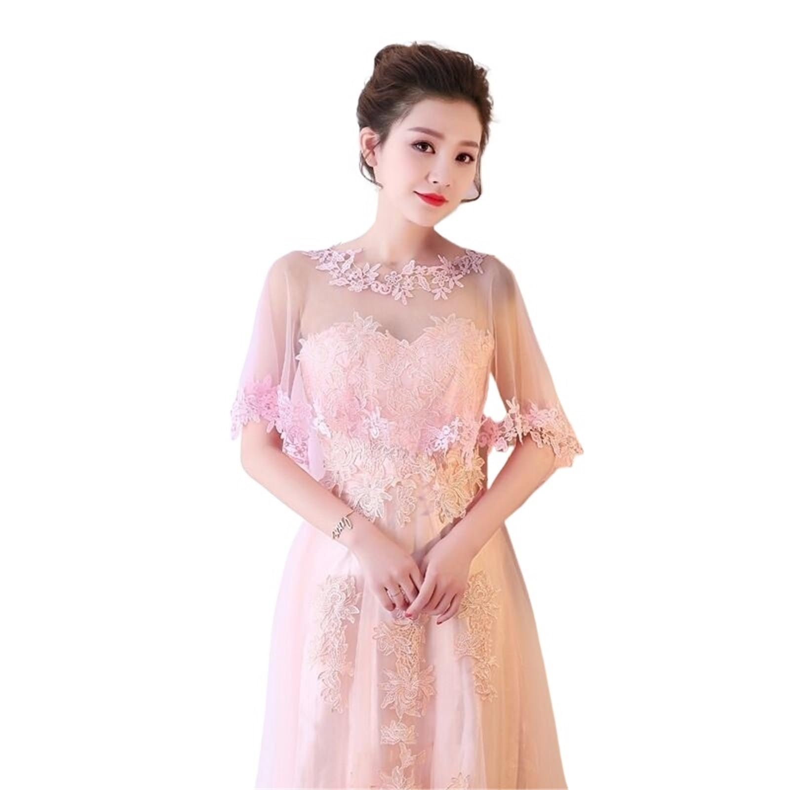 HEUchuan Wedding Dress Shawl O-Neck Lace Bridal Wedding Elegant Women Cape Tulle Evening Prom Cape Shawl(Pink)