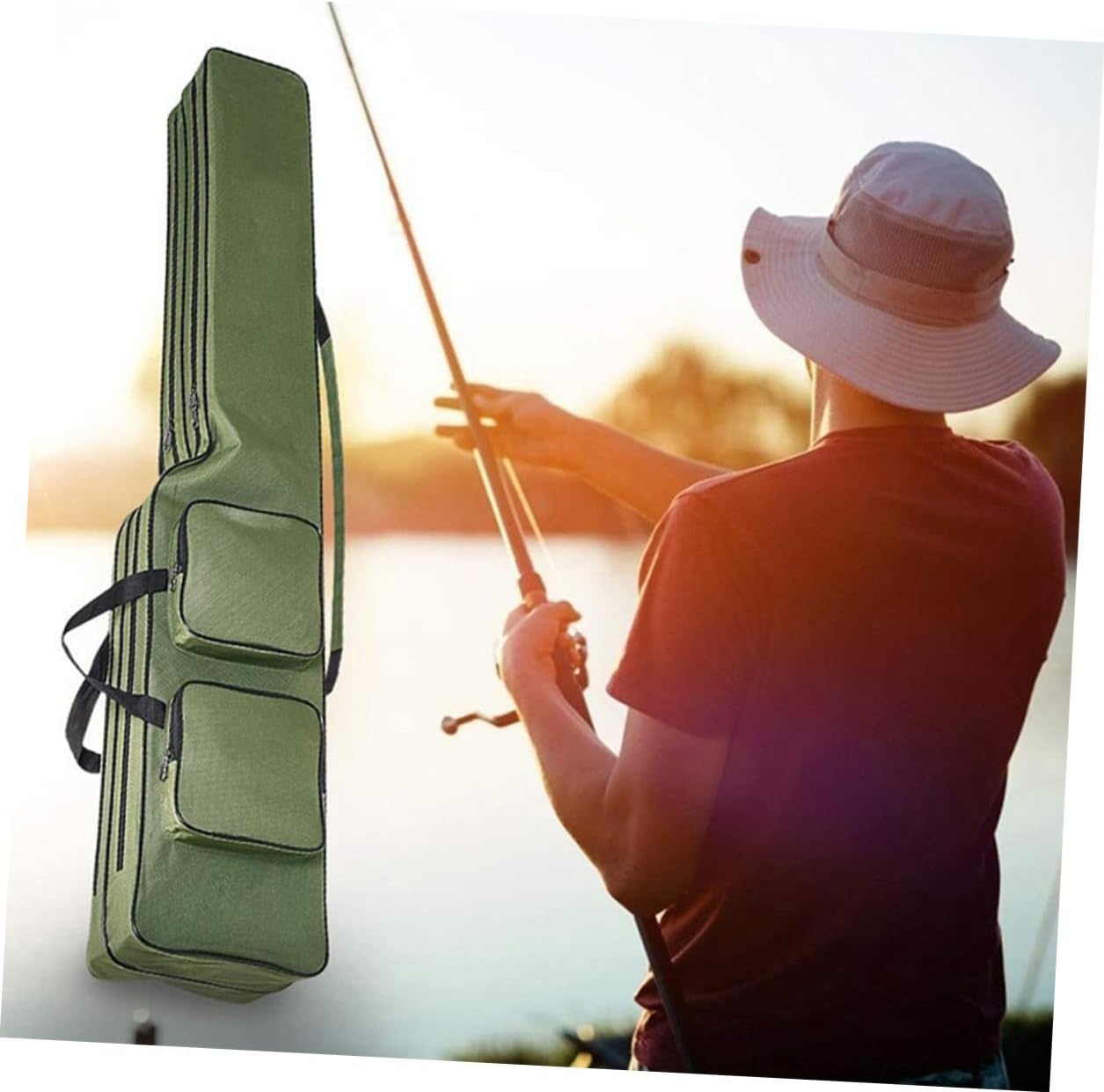 Fishing Rod Bag Waterproof Canvas Fishing Pole Carrying Case 1. Military Green Portable Storage Pouch for Outdoor