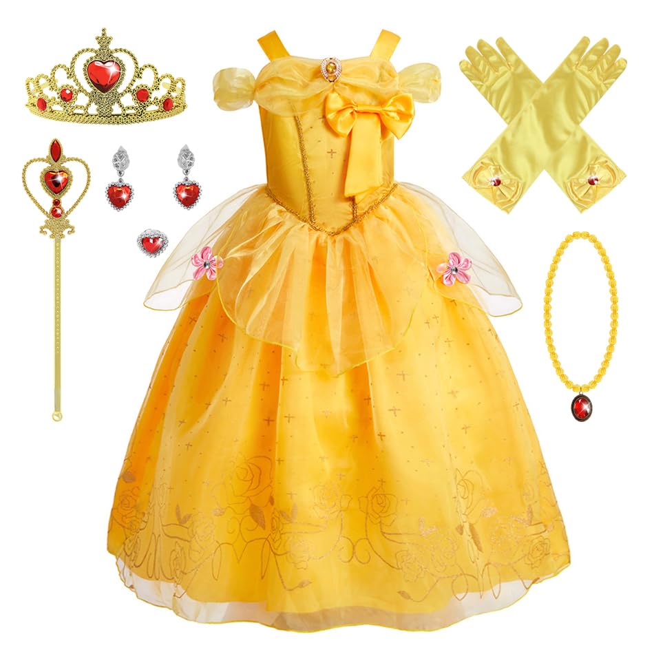 New front Vestito da Principessa Belle Vestito Belle Bambina con Accessori Vestito Elegante Bambina per Festa di Lusso Halloween Compleanno Carnevale et Natale