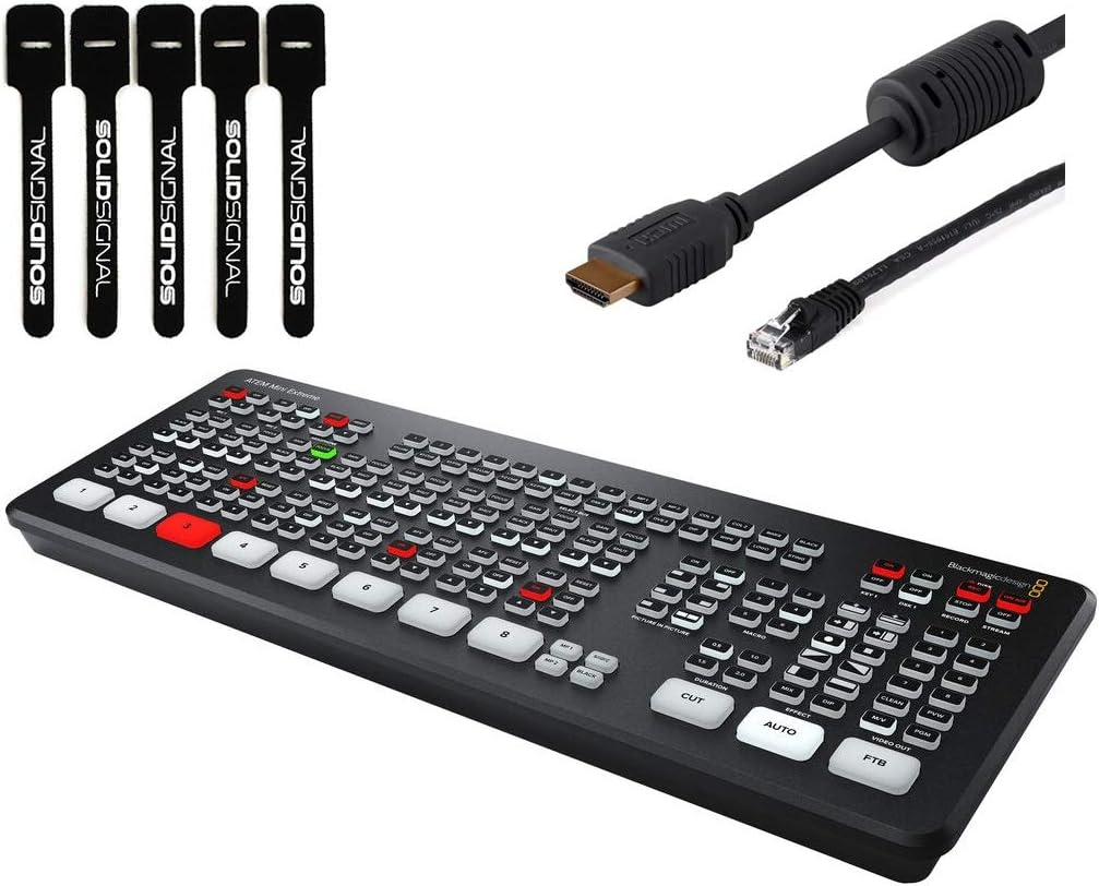 - Blackmagic Design ATEM Mini Extreme HDMI Live Stream Switcher Bundle with 6’ HDMI Cable, 7’ Cat5e Cable, and 5-Pack of SolidSignal Cable Ties (SWATEMMINICEXT)