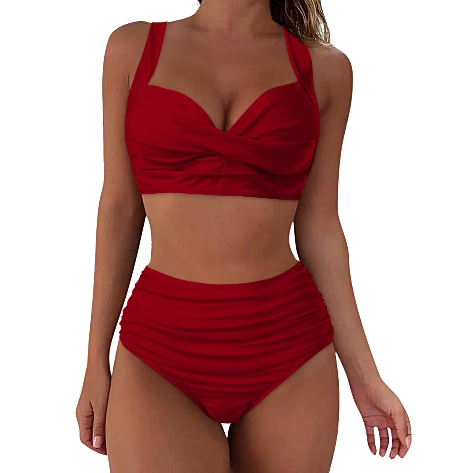 YANJI Bikini Mujer Bikini de Cintura Alta para Mujer, bañador Sexy de realce de Dos Piezas, Traje de baño Vintage de Dos Piezas, Conjunto de Bikini con Estampado de Cintura Alta Fruncido Tiendas De Bikinis